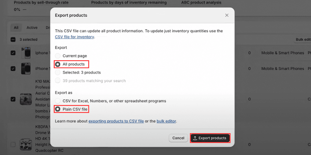 shopify csv export